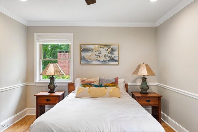 3934 Hope Valley Rd, Durham, NC 27707 - bedroom featuring wood finished floors, crown molding, baseboards, recessed lighting, and ceiling fan