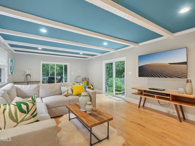 3934 Hope Valley Rd, Durham, NC 27707 - living room with beam ceiling, baseboards, wood-type flooring, and recessed lighting