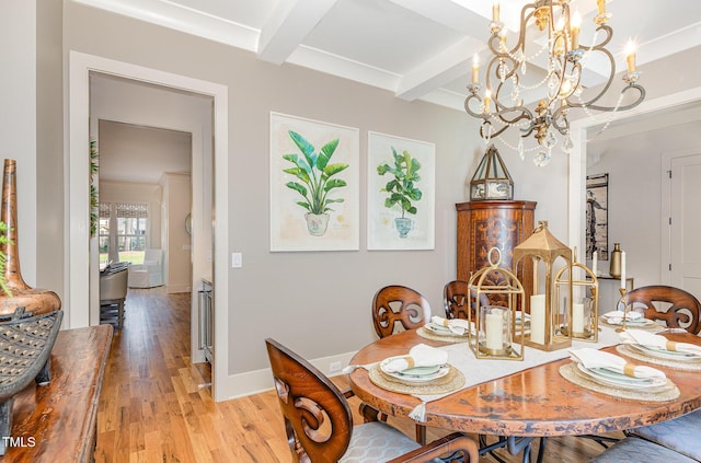 2328 Sanctuary Dr, Raleigh, NC 27606 - dining space featuring beamed ceiling, light wood finished floors, a chandelier, and baseboards