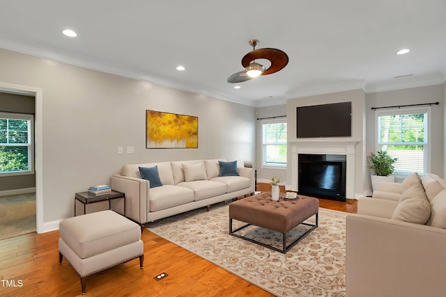 20 Sugarpine Trl, Clayton, NC 27520 - living area with wood finished floors, crown molding, baseboards, a ceiling fan, and recessed lighting