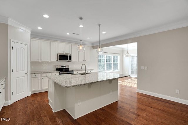 20 Sugarpine Trl, Clayton, NC 27520 - kitchen featuring appliances with stainless steel finishes, a sink, ornamental molding, decorative backsplash, and light stone counters