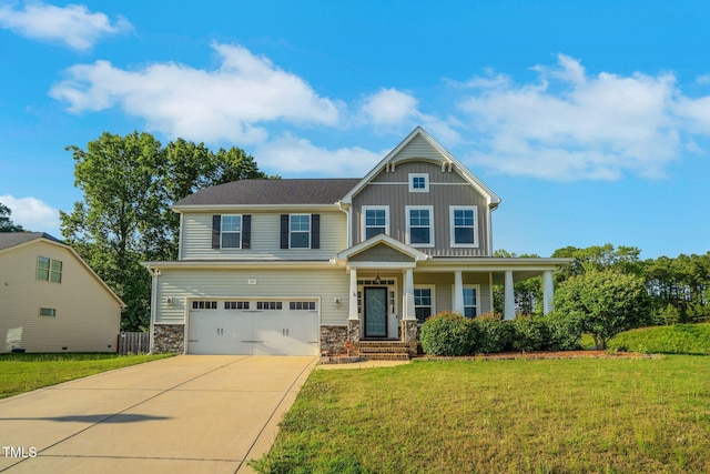 20 Sugarpine Trl, Clayton, NC 27520 - craftsman inspired home with a porch, a front yard, driveway, a garage, and board and batten siding
