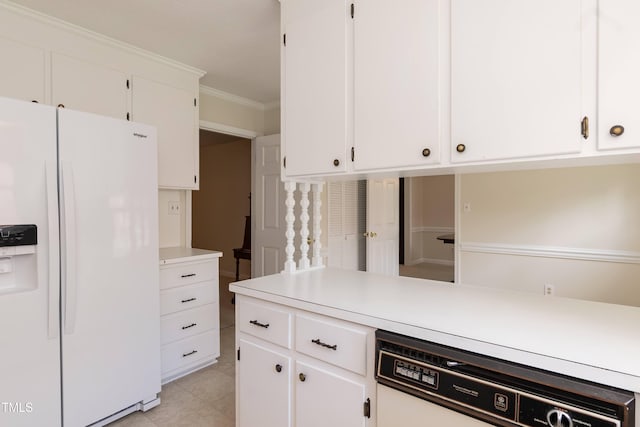 303 Spring St, Louisburg, NC 27549 - kitchen featuring white refrigerator with ice dispenser, dishwasher, light countertops, white cabinetry, and crown molding