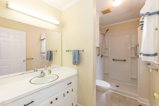 303 Spring St, Louisburg, NC 27549 - full bathroom featuring crown molding, a shower stall, vanity, toilet, and baseboards