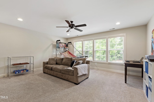 2661 Silver Bend Dr, Apex, NC 27539 - carpeted living area featuring baseboards, recessed lighting, and a ceiling fan