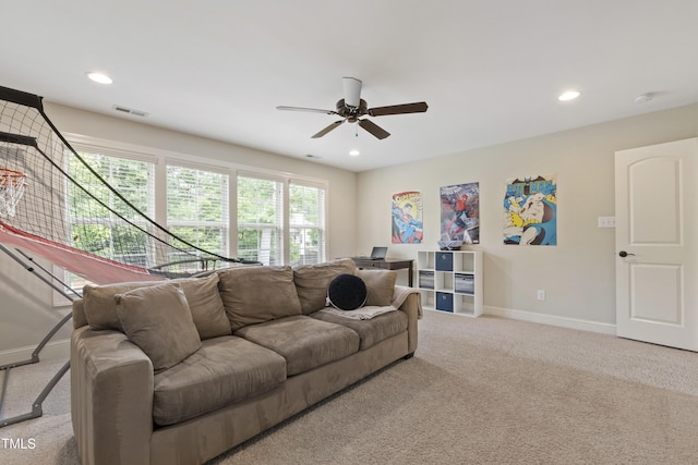 2661 Silver Bend Dr, Apex, NC 27539 - living room featuring light colored carpet, ceiling fan, baseboards, and recessed lighting