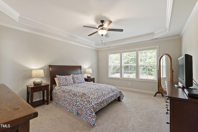 2661 Silver Bend Dr, Apex, NC 27539 - bedroom with a raised ceiling, light carpet, ornamental molding, a ceiling fan, and baseboards