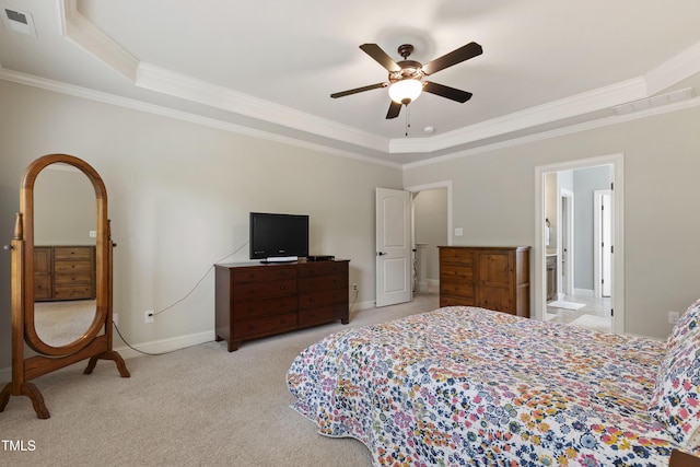 2661 Silver Bend Dr, Apex, NC 27539 - carpeted bedroom with a raised ceiling, ornamental molding, baseboards, ceiling fan, and ensuite bath