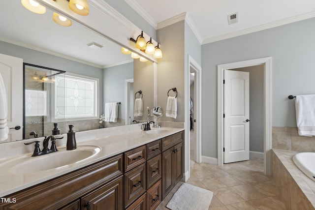 2661 Silver Bend Dr, Apex, NC 27539 - bathroom featuring double vanity, a bath, and ornamental molding