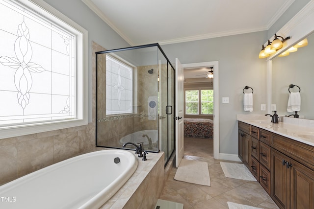 2661 Silver Bend Dr, Apex, NC 27539 - full bathroom with double vanity, a garden tub, a shower stall, ornamental molding, and a ceiling fan