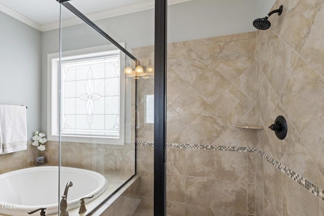 2661 Silver Bend Dr, Apex, NC 27539 - full bathroom with a stall shower, a garden tub, and crown molding