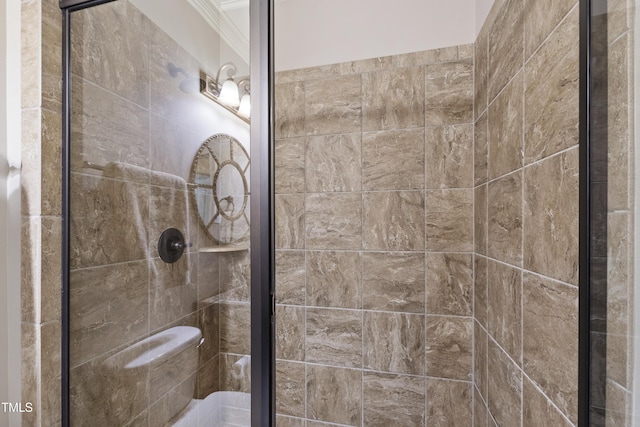 2661 Silver Bend Dr, Apex, NC 27539 - bathroom featuring crown molding and a shower stall