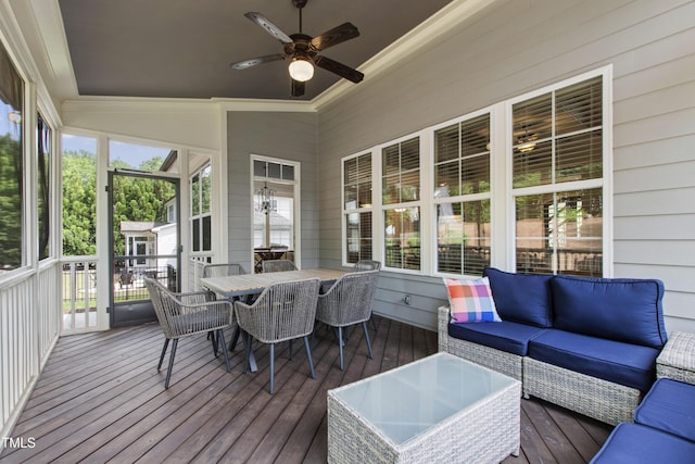 2661 Silver Bend Dr, Apex, NC 27539 - sunroom / solarium with an outdoor hangout area, ceiling fan, and outdoor dining space
