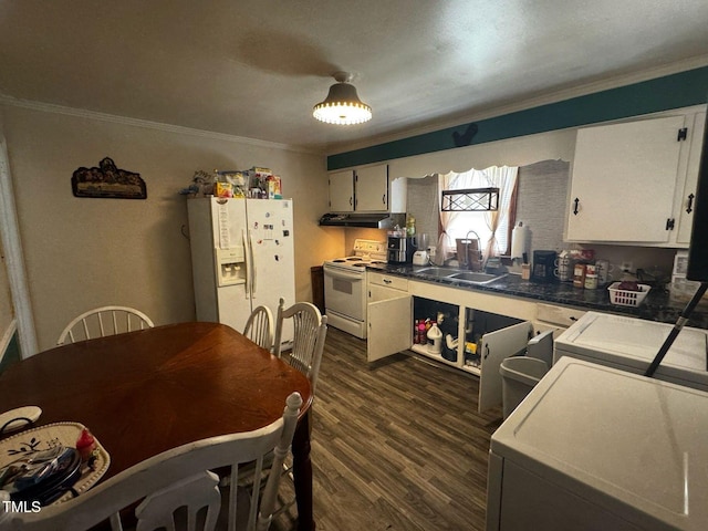 1445 E Chaloner Dr, Roanoke Rapids, NC 27870 - kitchen with white appliances, a sink, ornamental molding, white cabinets, and extractor fan