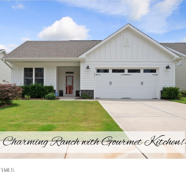537 Bramble Ln, Clayton, NC 27527 - view of front facade with a front lawn, a garage, driveway, roof with shingles, and board and batten siding