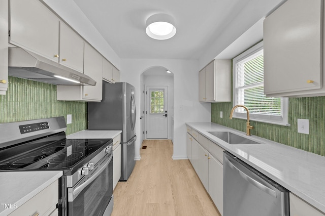 413 Top Greene Ln, Raleigh, NC 27601 - kitchen with stainless steel appliances, under cabinet range hood, a sink, light wood finished floors, and light countertops