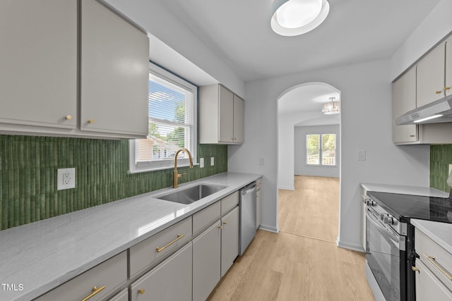 413 Top Greene Ln, Raleigh, NC 27601 - kitchen with appliances with stainless steel finishes, ventilation hood, a sink, gray cabinetry, and plenty of natural light