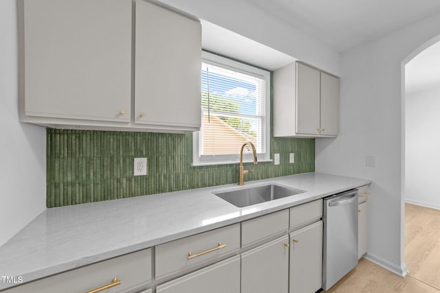 413 Top Greene Ln, Raleigh, NC 27601 - kitchen featuring a sink, stainless steel dishwasher, arched walkways, tasteful backsplash, and light wood-style flooring