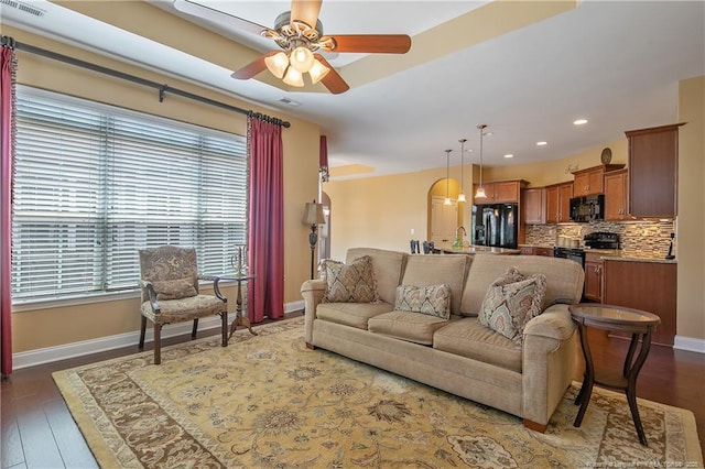 239 Nandina Ct Unit 21A, Fayetteville, NC 28311 - living room with ceiling fan, dark wood-style floors, baseboards, and recessed lighting