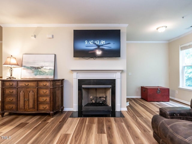 6206 Braidwood Ct, Raleigh, NC 27612 - living area with crown molding, wood finished floors, a fireplace with flush hearth, and baseboards