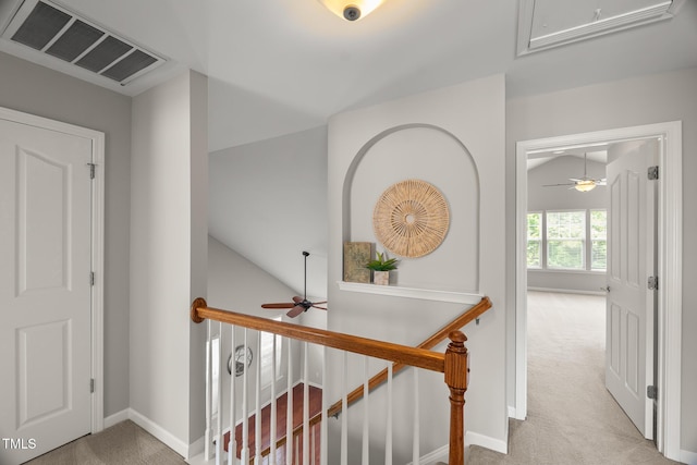 7873 Cape Charles Dr, Raleigh, NC 27617 - hall with carpet flooring, an upstairs landing, attic access, and lofted ceiling