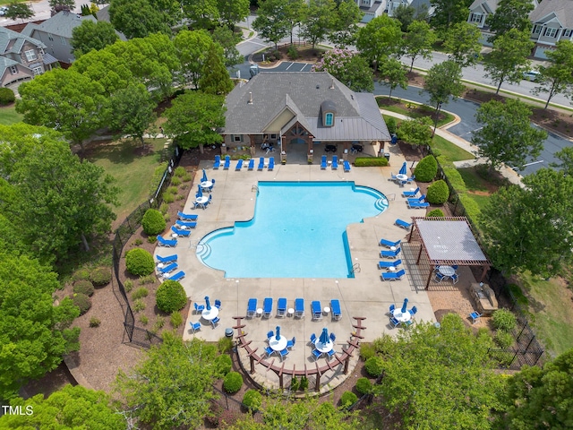 7873 Cape Charles Dr, Raleigh, NC 27617 - view from above of property featuring a pool area