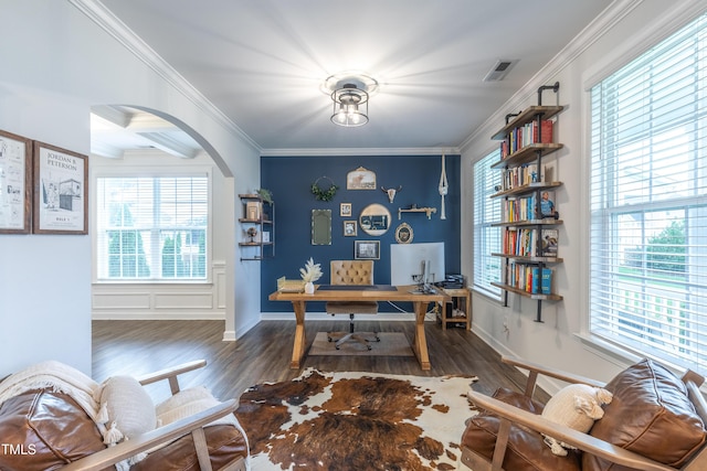 470 E Wellesley Dr, Clayton, NC 27520 - home office featuring ornamental molding, arched walkways, wood finished floors, coffered ceiling, and beam ceiling