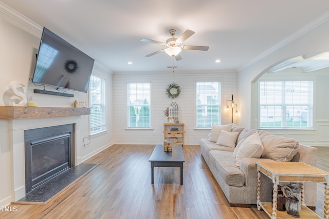 470 E Wellesley Dr, Clayton, NC 27520 - living area with crown molding, ceiling fan, a glass covered fireplace, wood finished floors, and plenty of natural light