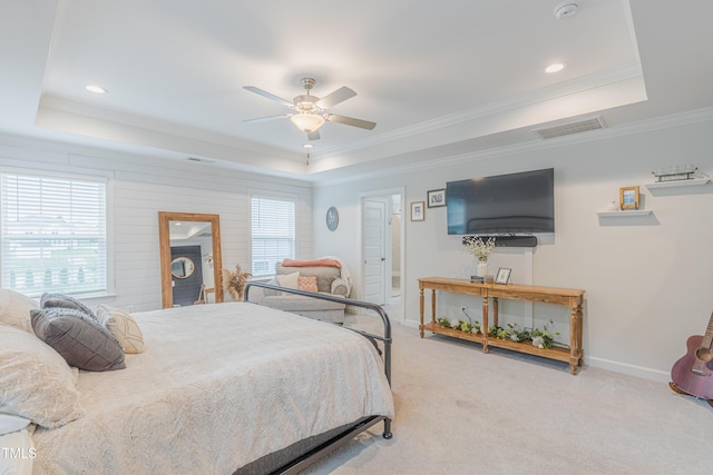 470 E Wellesley Dr, Clayton, NC 27520 - bedroom featuring a tray ceiling, carpet floors, ornamental molding, ceiling fan, and recessed lighting