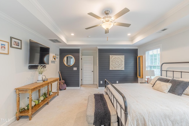 470 E Wellesley Dr, Clayton, NC 27520 - bedroom featuring light carpet, a raised ceiling, ornamental molding, and a ceiling fan