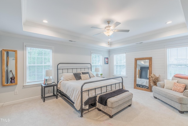 470 E Wellesley Dr, Clayton, NC 27520 - bedroom featuring a tray ceiling, crown molding, light colored carpet, recessed lighting, and a ceiling fan
