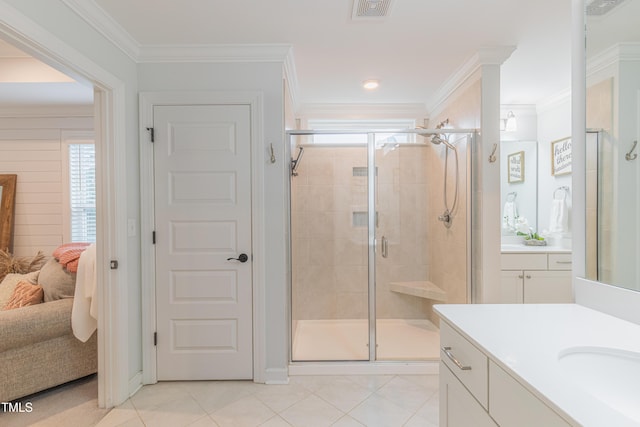 470 E Wellesley Dr, Clayton, NC 27520 - ensuite bathroom with plenty of natural light, a shower stall, vanity, and ornamental molding