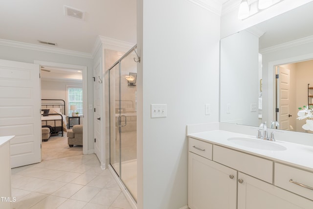 470 E Wellesley Dr, Clayton, NC 27520 - ensuite bathroom featuring vanity, a stall shower, ornamental molding, and tile patterned floors