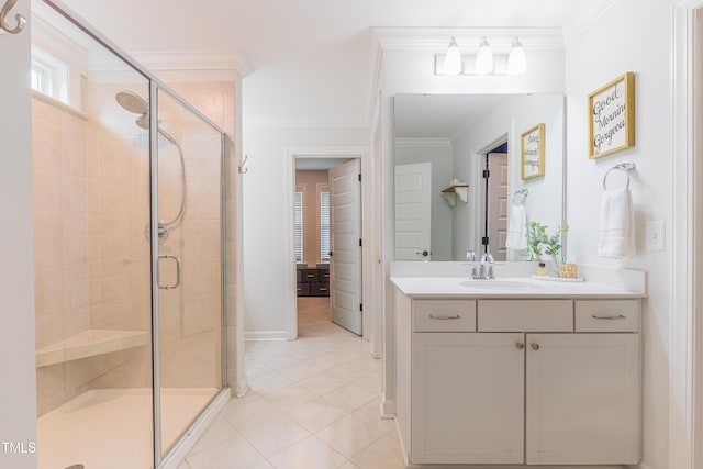 470 E Wellesley Dr, Clayton, NC 27520 - full bathroom with vanity, a shower stall, ornamental molding, and tile patterned flooring