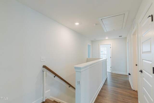 470 E Wellesley Dr, Clayton, NC 27520 - hall featuring an upstairs landing, attic access, dark wood-type flooring, and recessed lighting