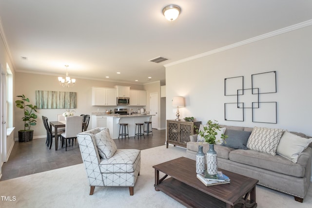 6700 Hardwick Ln, Sims, NC 27880 - living area featuring ornamental molding, a chandelier, baseboards, light wood-style flooring, and recessed lighting
