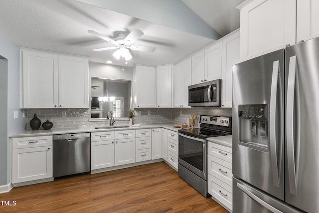 115 Heatherwood Dr, Apex, NC 27502 - kitchen with appliances with stainless steel finishes, a sink, a ceiling fan, tasteful backsplash, and lofted ceiling