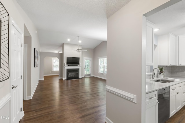 115 Heatherwood Dr, Apex, NC 27502 - kitchen featuring a sink, dishwashing machine, ceiling fan, dark wood-style floors, and light countertops