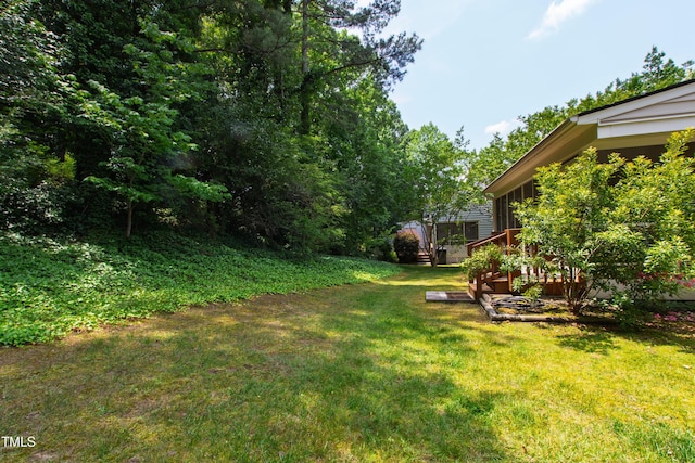 115 Heatherwood Dr, Apex, NC 27502 - view of green lawn with a wooden deck