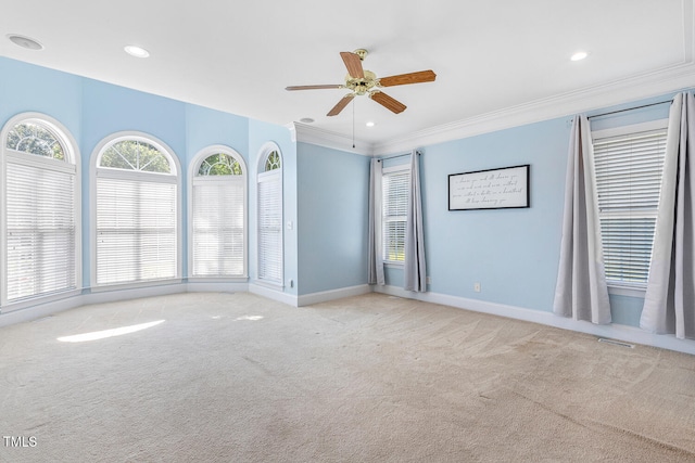 206 W Stoneybrook Ct, Benson, NC 27504 - carpeted spare room featuring ceiling fan, crown molding, baseboards, and recessed lighting