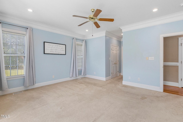 206 W Stoneybrook Ct, Benson, NC 27504 - unfurnished bedroom with carpet, crown molding, baseboards, recessed lighting, and a ceiling fan