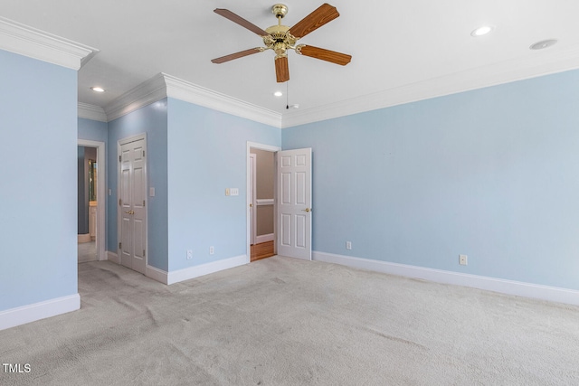 206 W Stoneybrook Ct, Benson, NC 27504 - unfurnished bedroom with ornamental molding, carpet, baseboards, recessed lighting, and a ceiling fan
