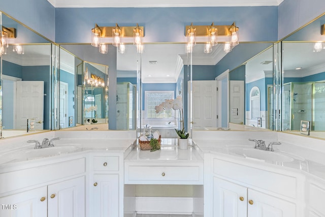 206 W Stoneybrook Ct, Benson, NC 27504 - bathroom featuring crown molding, a shower stall, and double vanity