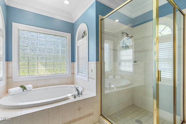206 W Stoneybrook Ct, Benson, NC 27504 - full bathroom with healthy amount of natural light, a bath, a shower stall, and ornamental molding