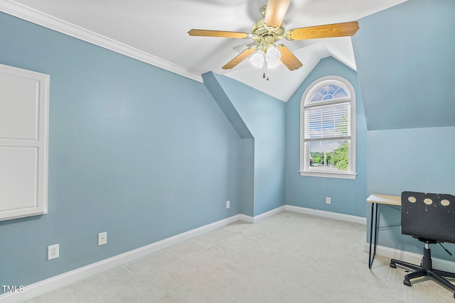206 W Stoneybrook Ct, Benson, NC 27504 - office area featuring baseboards, vaulted ceiling, light carpet, and ceiling fan
