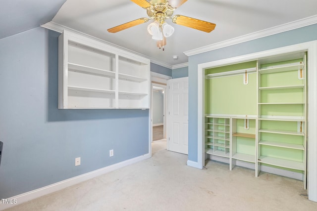 206 W Stoneybrook Ct, Benson, NC 27504 - unfurnished bedroom with baseboards, carpet flooring, crown molding, a closet, and a ceiling fan
