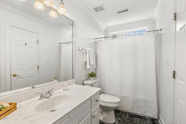 206 W Stoneybrook Ct, Benson, NC 27504 - bathroom with vanity, toilet, marble look tile flooring, and ornamental molding