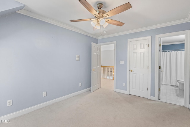 206 W Stoneybrook Ct, Benson, NC 27504 - unfurnished bedroom with carpet flooring, crown molding, baseboards, ensuite bathroom, and a ceiling fan