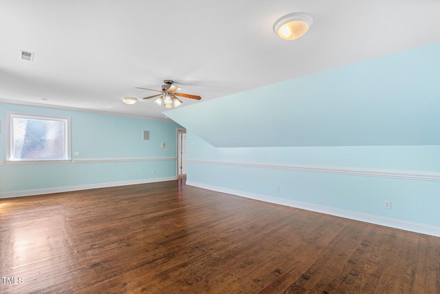 206 W Stoneybrook Ct, Benson, NC 27504 - bonus room with a ceiling fan, dark wood-style floors, baseboards, and vaulted ceiling