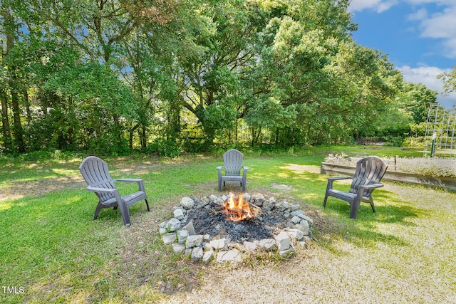 206 W Stoneybrook Ct, Benson, NC 27504 - view of green lawn with a fire pit and view of wooded area